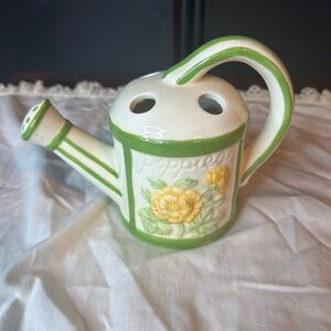 Floral Watering Can with Green Accents